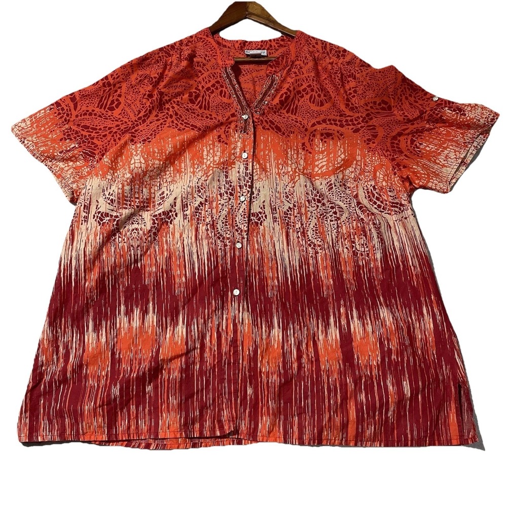 Catherines Top Women's 3X Orange Red Short Sleeve Button Up Colorful READ